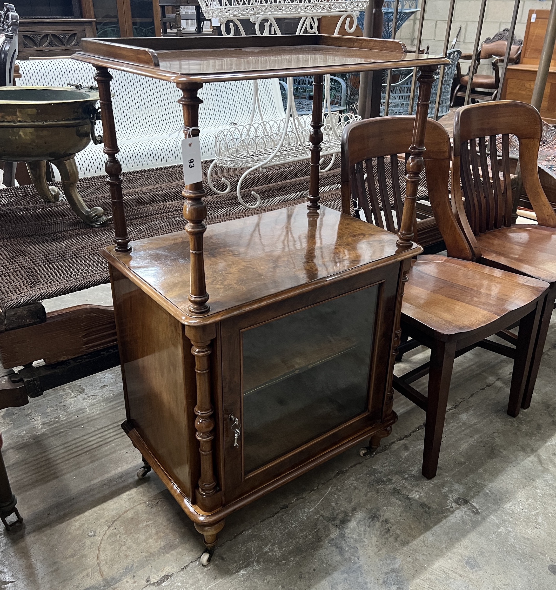 A Victorian figured walnut Canterbury / whatnot, width 63cm, depth 42cm, height 109cm